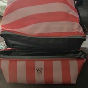 Victoria's Secret Coral and White Striped Cosmetic Bag Set